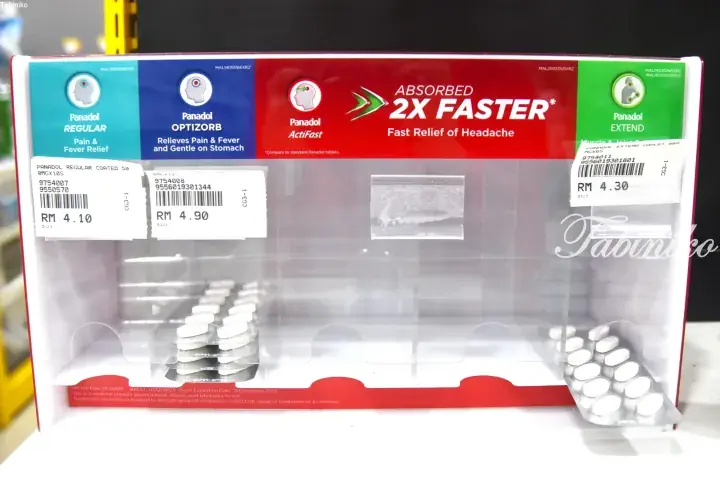 Panadol variety pack display showing Regular, Optizorb, ActiFast, and Extend options with price tags in Malaysian Ringgit.