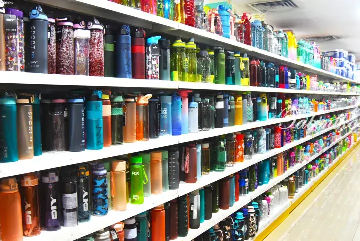 Colorful water bottles and thermoses neatly arranged on white shelves in a retail store aisle.