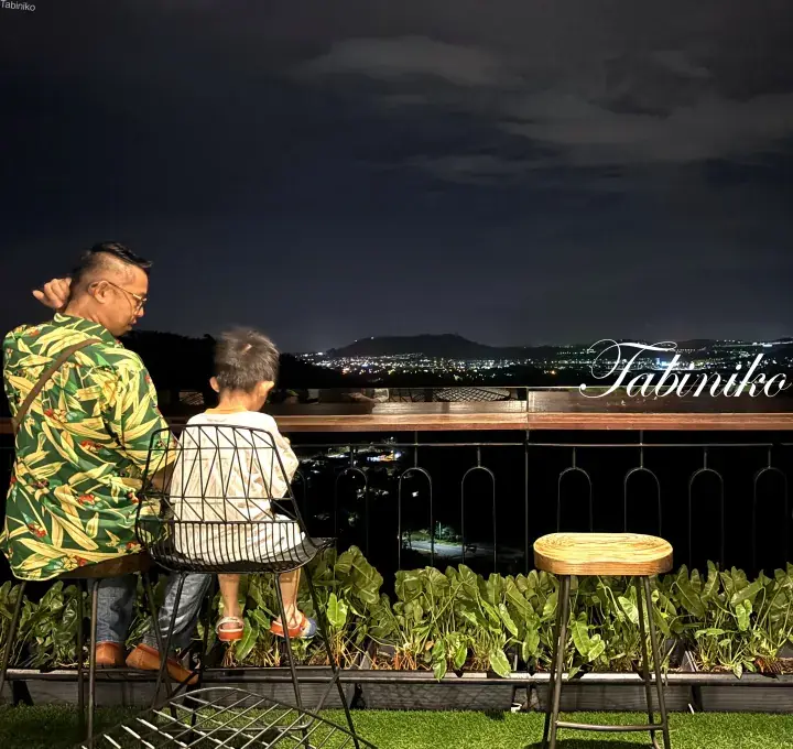 Man and child enjoying night view from rooftop terrace at Fabuniko, a scenic property in Malaysia.