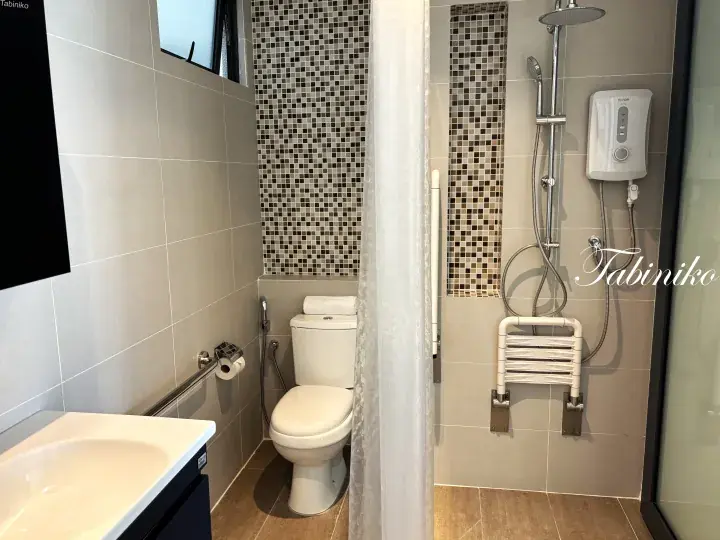 Accessible bathroom with a toilet, sink, and shower featuring a fold-down seat and grab bars for safety.