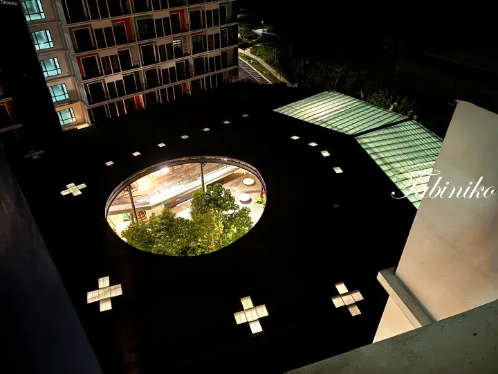 Night view of a modern building&rsquo;s circular rooftop atrium with illuminated cross-shaped skylights and greenery below.