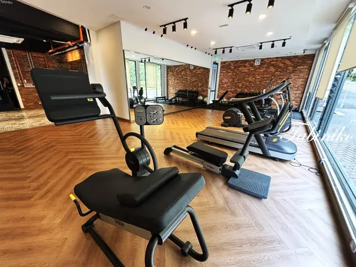 Modern gym interior with wooden floors, treadmills, and an elliptical machine near large windows.