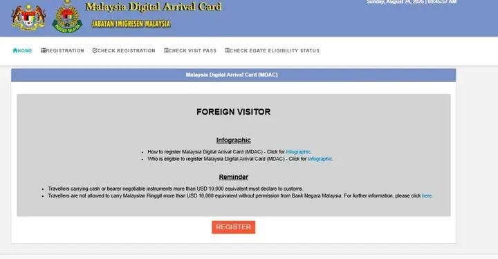 Malaysia Digital Arrival Card (MDAC) registration page for foreign visitors with reminder notices.