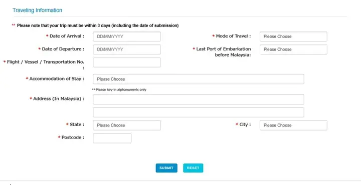 Screenshot of a Malaysia travel information form requiring arrival date, accommodation, and address details.