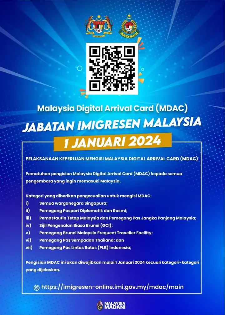 Malaysia Digital Arrival Card (MDAC) announcement poster with QR code, exemption categories, and official website link.