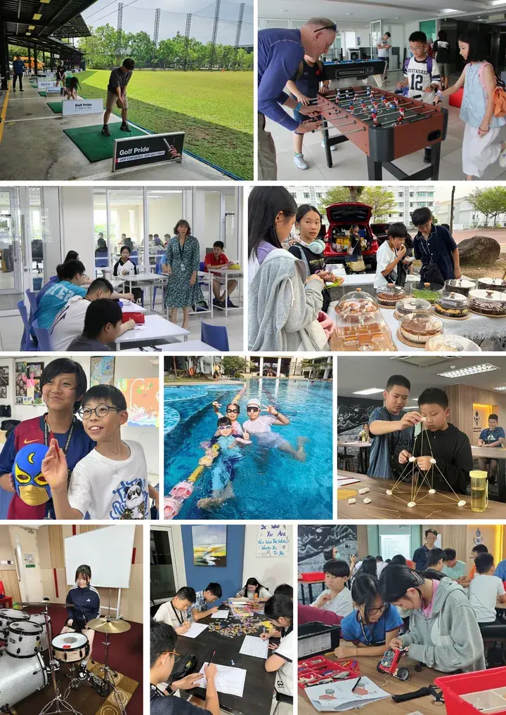 Collage showing students enjoying diverse activities at a Malaysia summer camp, including golf, foosball, cooking, and swimming.