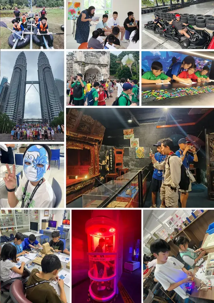 Collage showing students on a Malaysia educational trip, featuring activities like go-karting, visiting Petronas Towers, and learning traditional crafts.
