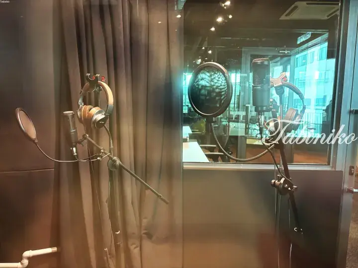 Professional recording studio setup with microphones, pop filters, and headphones visible through a glass partition.