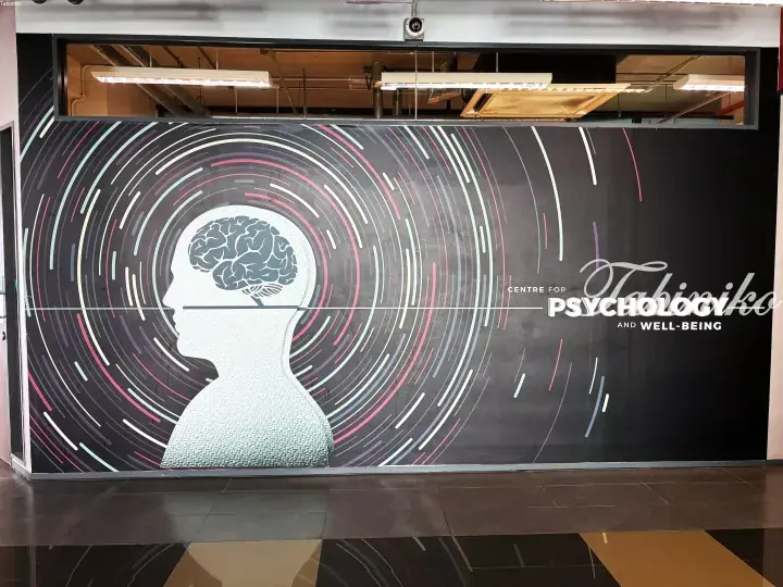 Tahijiko Centre for Psychology and Well-being wall mural featuring a silhouette head with a brain and colorful concentric lines.