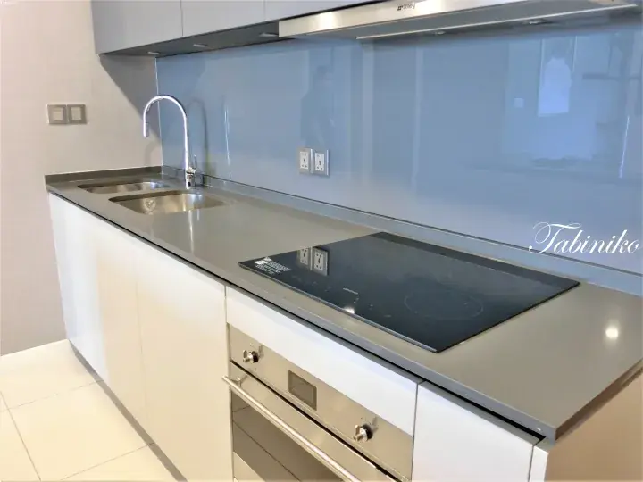 Modern kitchen with stainless steel countertop, induction cooktop, sink, and white cabinetry.