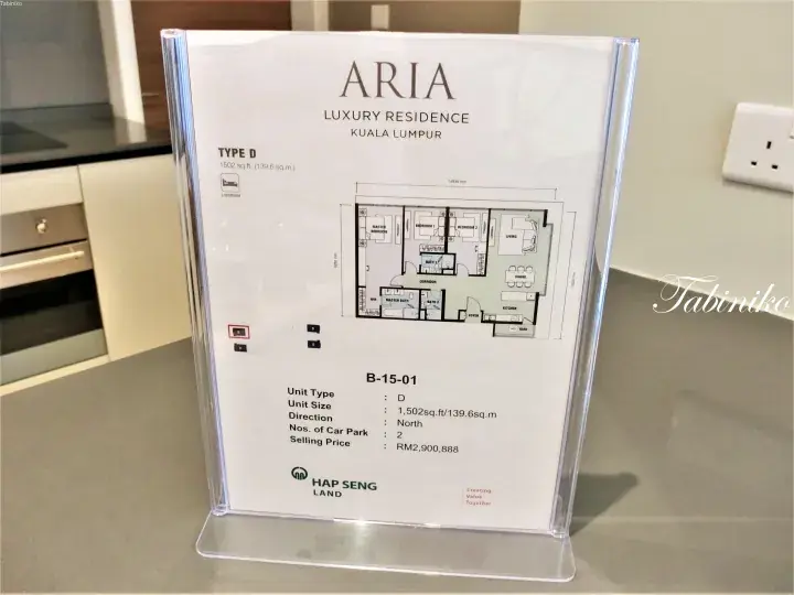 ARIA Luxury Residence floor plan display for Type D unit B-15-01 in Kuala Lumpur by Hap Seng Land.