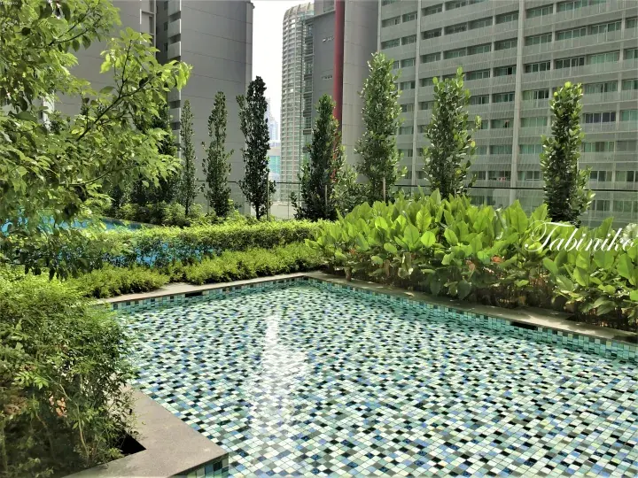 Swimming pool with mosaic tiles surrounded by lush greenery and tall trees in an urban setting.