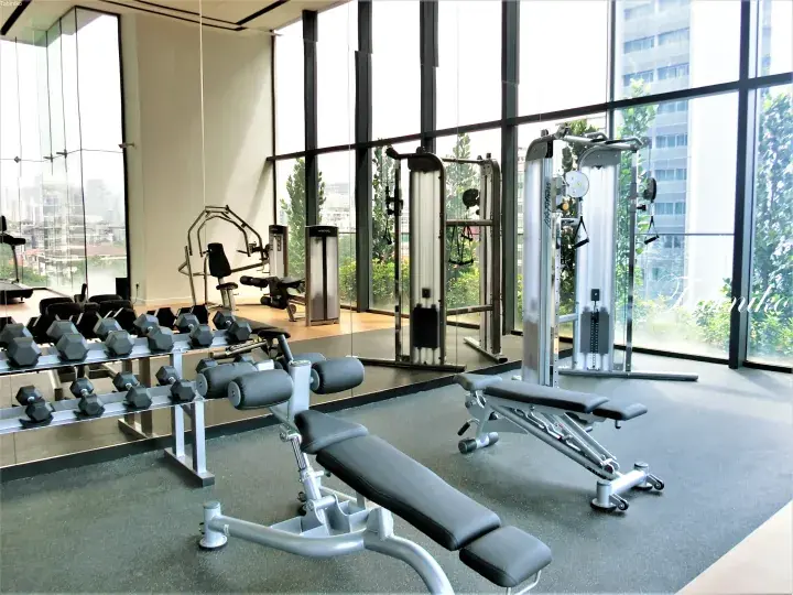 Modern gym with dumbbells, weight machines, and large windows overlooking a city view.