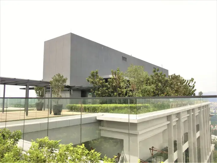 Modern rooftop terrace with glass railings, potted trees, and a large grey building in the background.