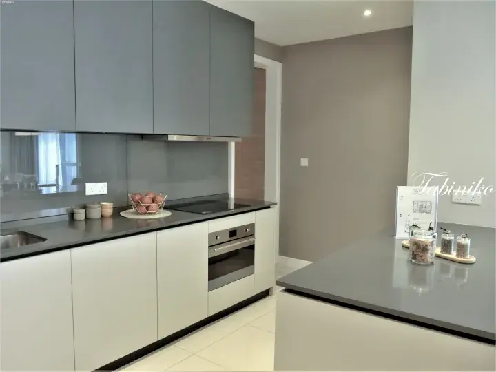 Modern kitchen with grey and white cabinets, black countertops, and built-in appliances in a new property.