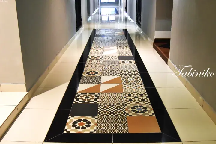 Decorative mosaic tile runner in a modern hallway with glossy black borders and geometric patterns.