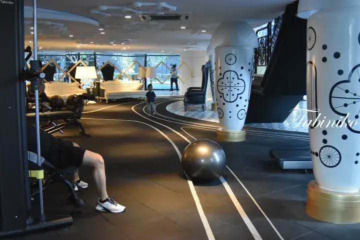 Modern gym interior with decorative pillars, exercise ball, and a person using a weight machine.
