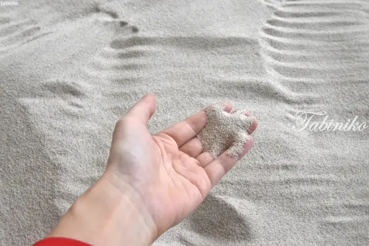 Hand holding a scoop of fine white sand against a backdrop of raked sand patterns.