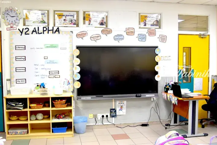 Classroom interior with a large digital screen, Y2 Alpha whiteboard, and wooden storage shelves.