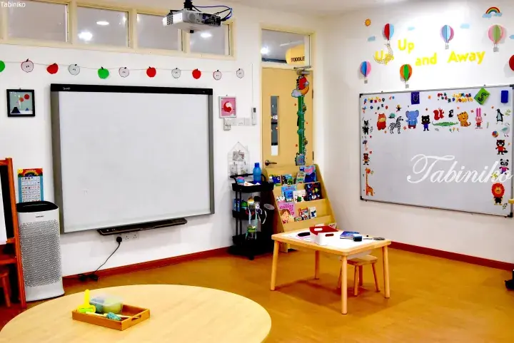 Bright classroom with whiteboards, child-sized furniture, and colorful decorations in a Malaysia learning center.