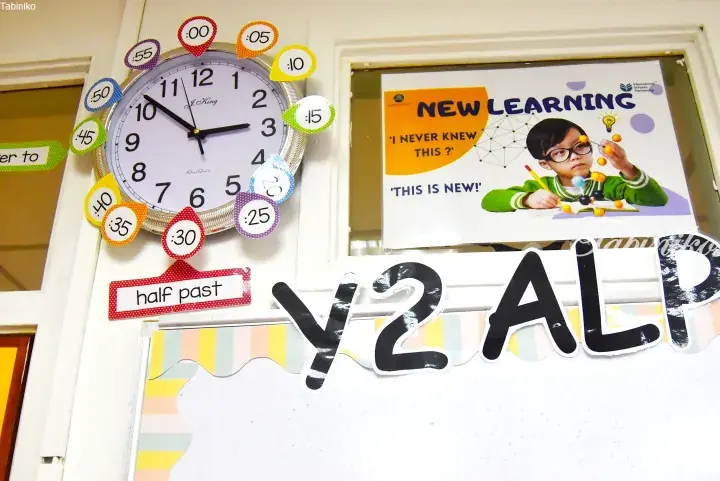 Classroom wall featuring a colorful learning clock, a &lsquo;New Learning&rsquo; poster, and Y2 ALP signage.