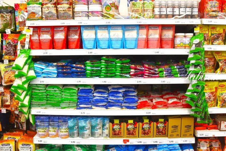 Well-stocked supermarket shelves displaying various packaged foods, spices, and condiments in Malaysia.