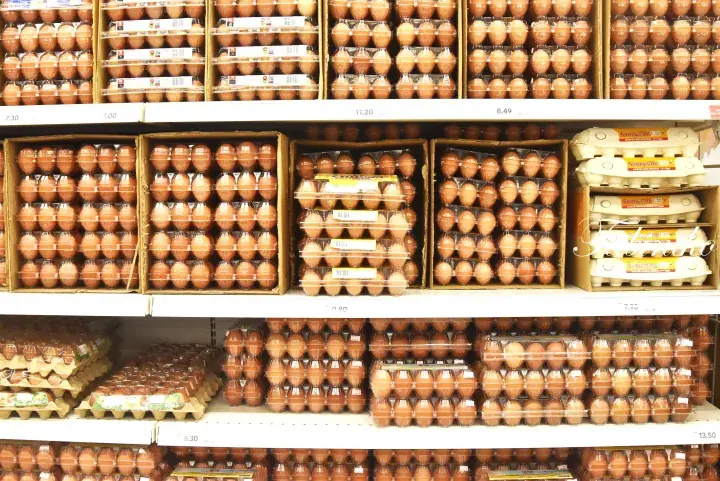 Shelves stocked with various egg cartons in a Malaysian grocery store.