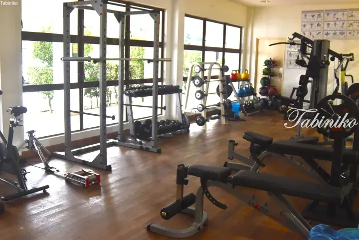 Well-equipped home gym featuring a squat rack, adjustable bench, dumbbells, and kettlebells with large windows overlooking greenery.