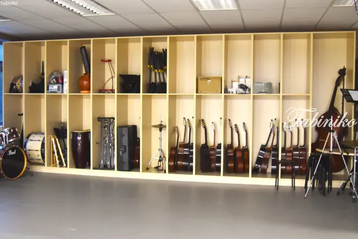 Neatly organized wooden shelving unit displaying various musical instruments including guitars, drums, and a double bass in a music studio.