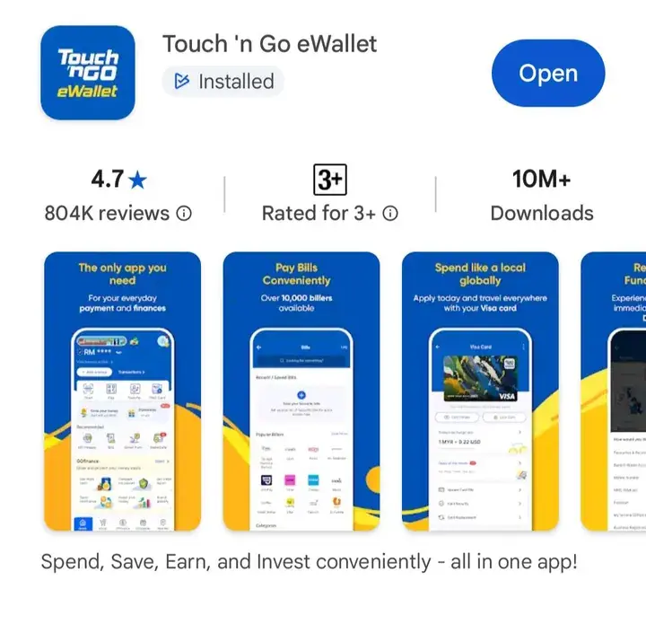 Touch ’n Go eWallet app store page showing 4.7 stars, 10M+ downloads, and features like bill payments and Visa card spending.