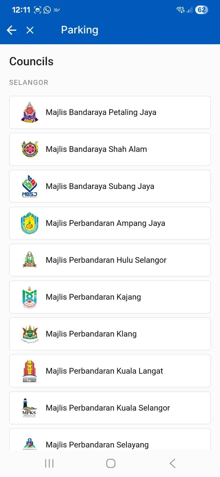 Mobile app screen showing a list of Selangor local councils for parking, including MBPJ and MBSA.