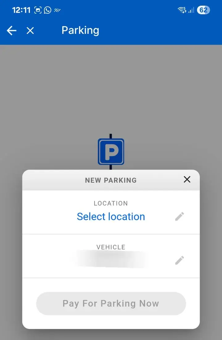 Mobile app interface showing a new parking payment screen with location selection and vehicle details fields.