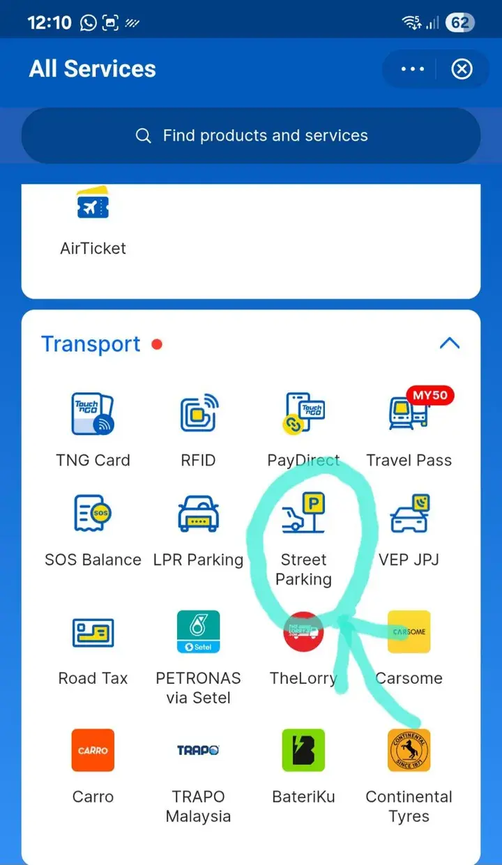 Screenshot of Touch ’n Go eWallet app showing Transport services with Street Parking highlighted.
