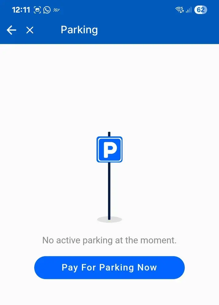 Mobile app screen showing a parking icon with text ‘No active parking at the moment’ and a blue ‘Pay For Parking Now’ button.