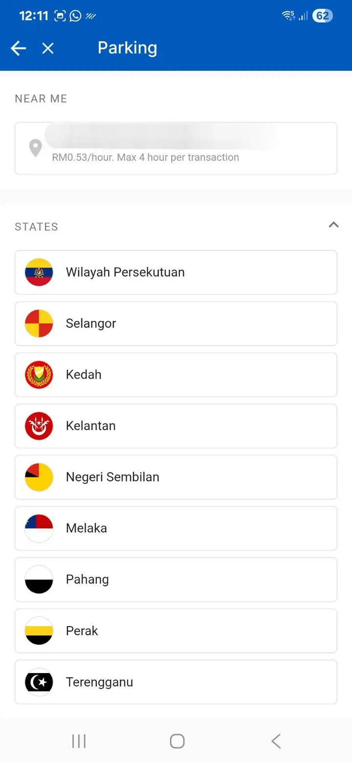 Mobile app parking interface showing Malaysian states like Selangor and Wilayah Persekutuan with hourly rates.