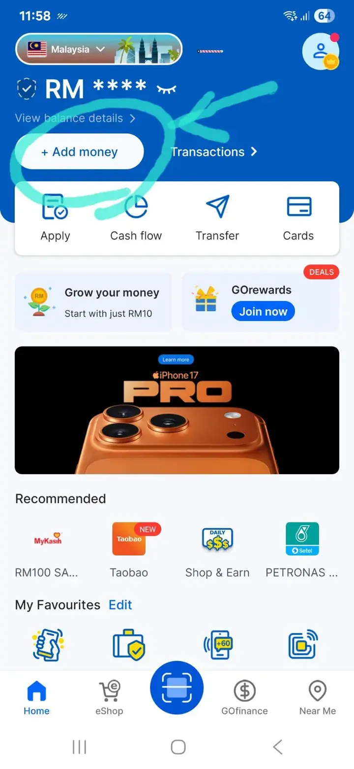 Mobile banking app interface showing RM balance and options to add money, transfer, and view transactions.