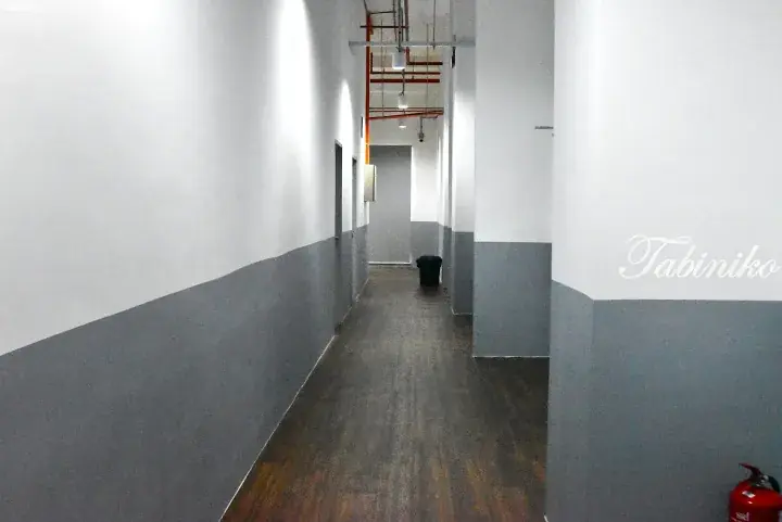 Modern hallway with white and grey walls, wooden flooring, exposed ceiling pipes, and a fire extinguisher.