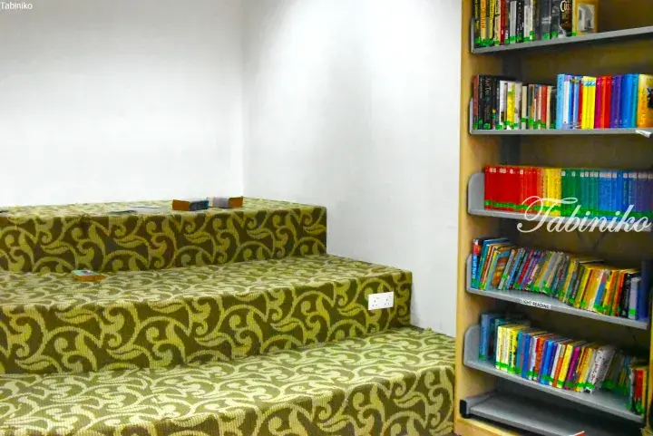 Cozy library corner with patterned carpeted steps and bookshelves filled with colorful books.