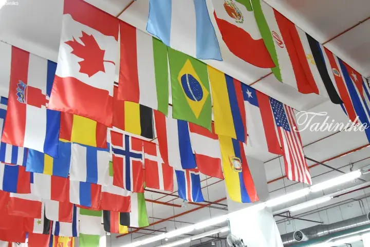 Colorful international flags hanging from the ceiling in a spacious hall.