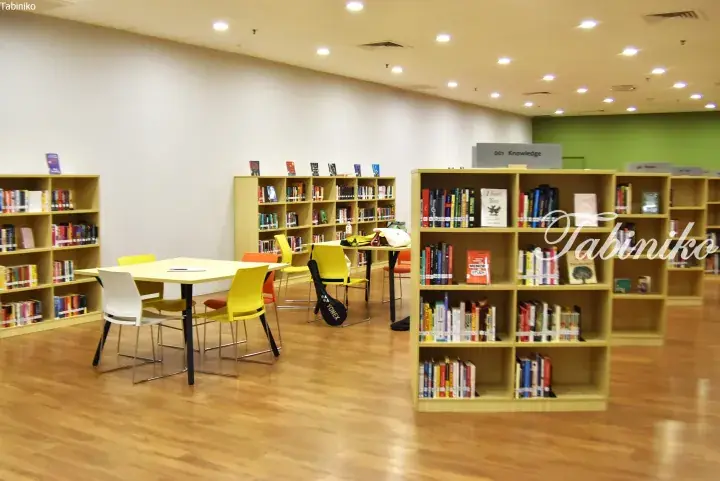 Bright library interior with light wood bookshelves, colorful chairs, and study tables in a modern space.