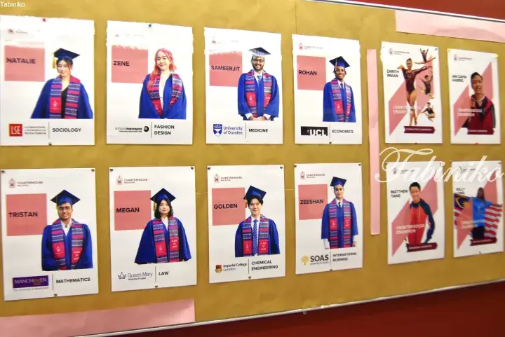 Charterhouse Malaysia student success posters display graduates&rsquo; university acceptances and achievements on a corkboard.