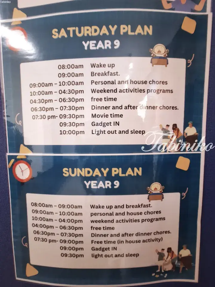 Printed weekend schedule for Year 9 students showing Saturday and Sunday plans with times for chores, activities, and rest.