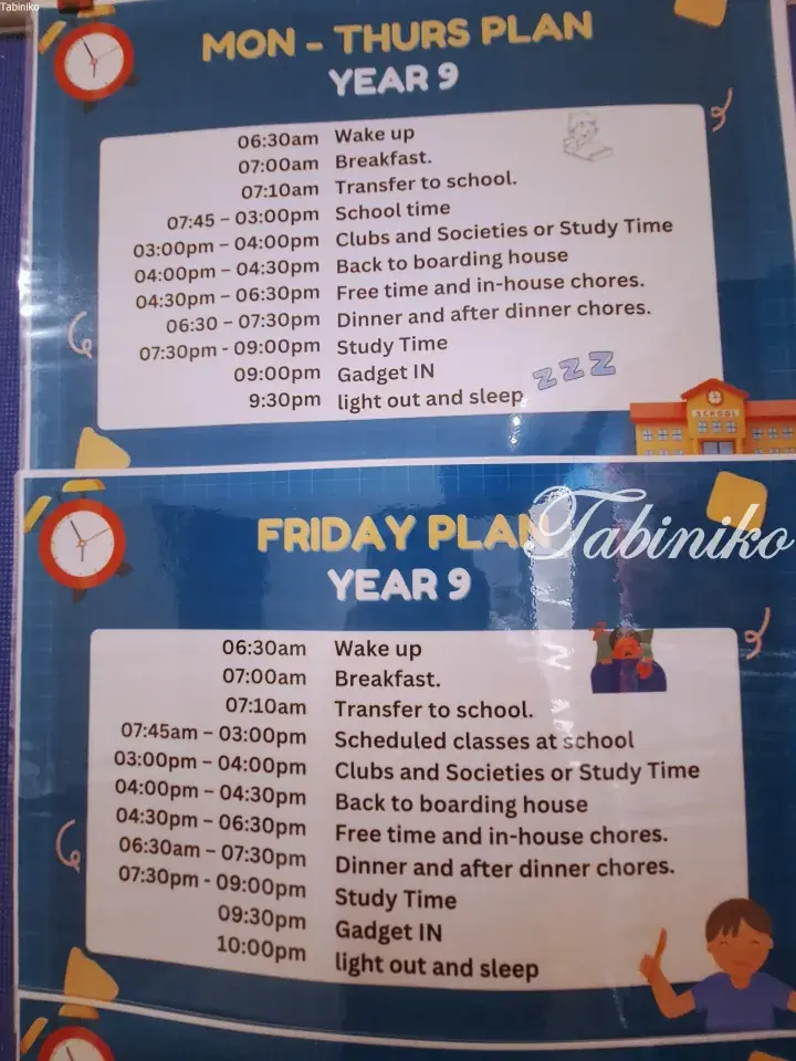 Year 9 student daily schedule poster showing Monday-Thursday and Friday plans with wake-up, school, study, and sleep times.