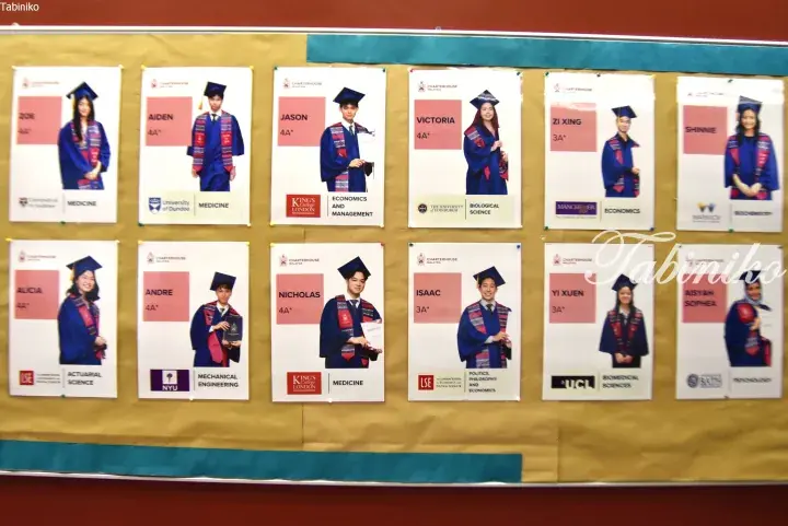 Charterhouse Malaysia graduation posters displaying students&rsquo; university offers and grades on a corkboard.
