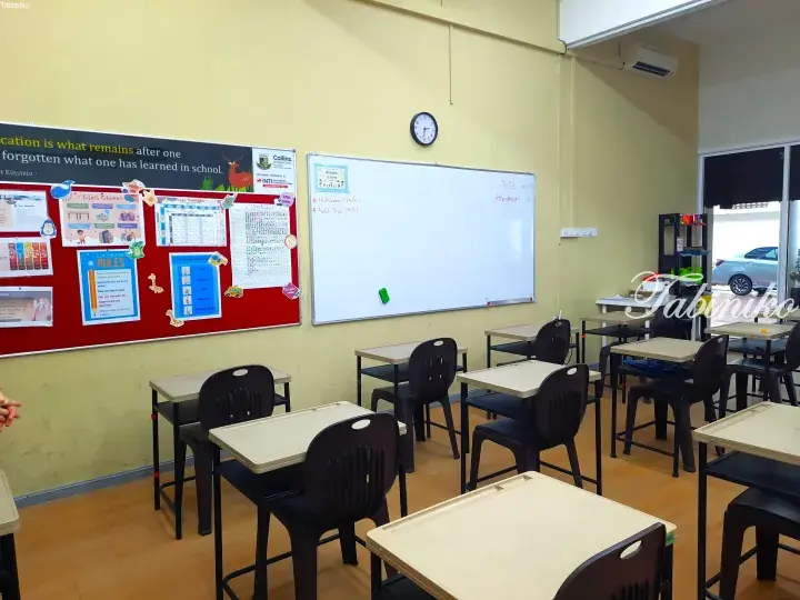 Bright classroom with student desks, a whiteboard listing dates, and a bulletin board featuring rules and an Einstein quote.