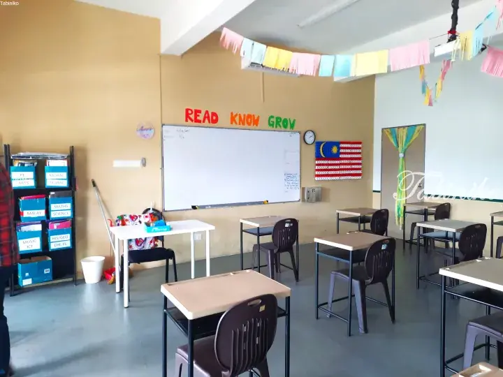 Bright classroom with student desks, a whiteboard, and a Malaysian flag on the wall.