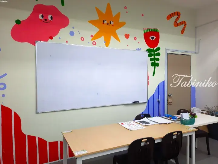 Colorful cartoon wall art featuring a smiling sun and cloud above a whiteboard in a bright classroom setting.