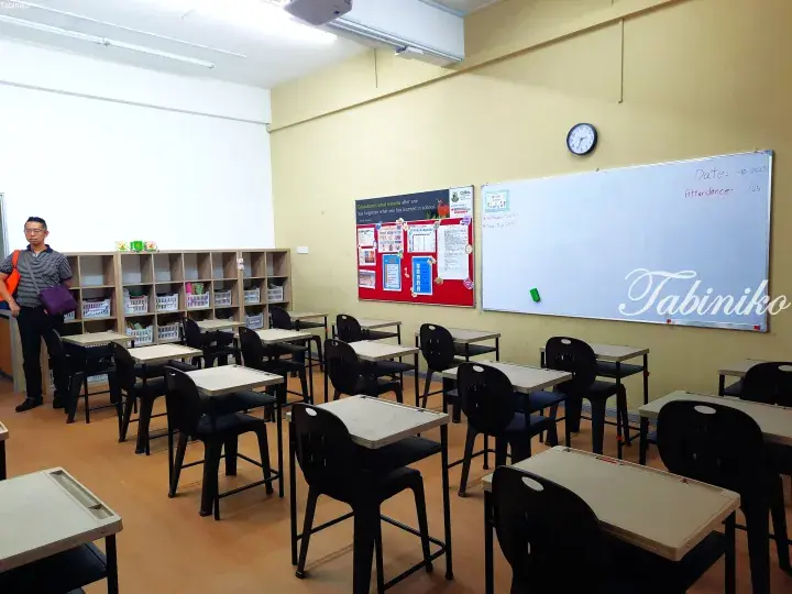 Empty classroom with student desks, whiteboard, and bulletin board at an educational facility in Malaysia.
