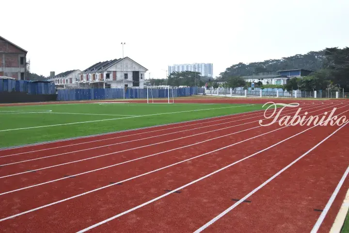 Red running track surrounding a green football field with residential houses under construction in the background.