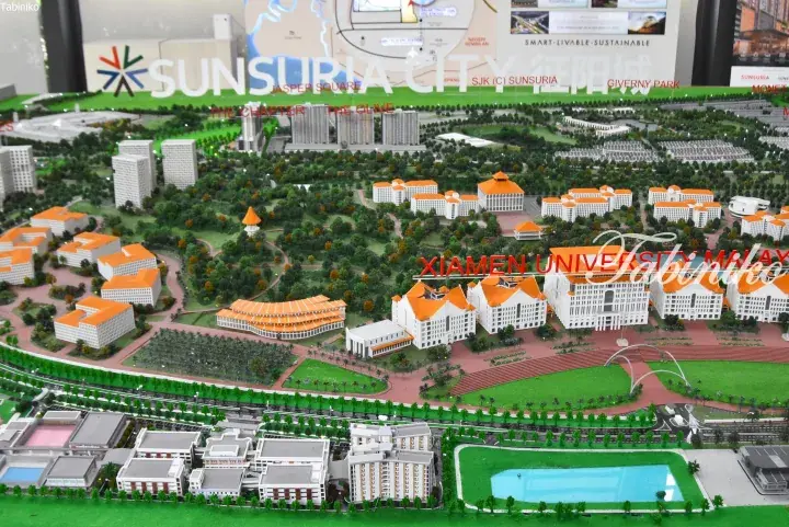 Scale model of Sunsuria City in Malaysia showing Xiamen University Malaysia campus with orange-roofed buildings and surrounding greenery.